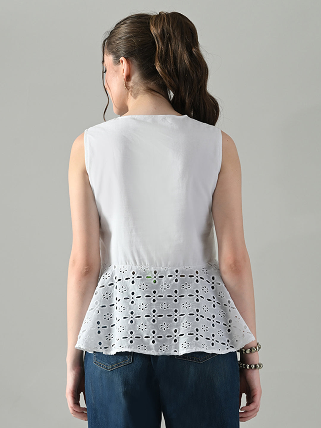 Myshka Women White Sleeveless Peplum Top Schiffli Work | Grocsy