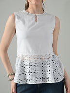 Myshka Women White Sleeveless Peplum Top Schiffli Work | Grocsy