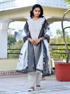 Vaasva Women's Grey Monotone Organza Digital Printed Suit Set | Grocsy