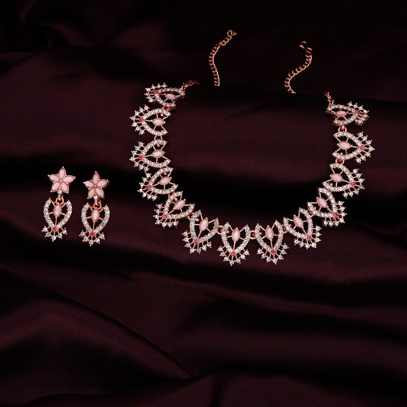 Tehzeeb Creations Baby Pink Colour Sparkle Stone Studded Necklace With Earrings | Grocsy