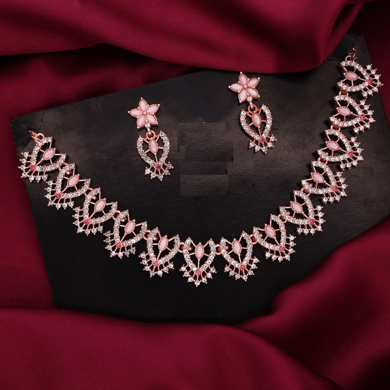 Tehzeeb Creations Baby Pink Colour Sparkle Stone Studded Necklace With Earrings | Grocsy