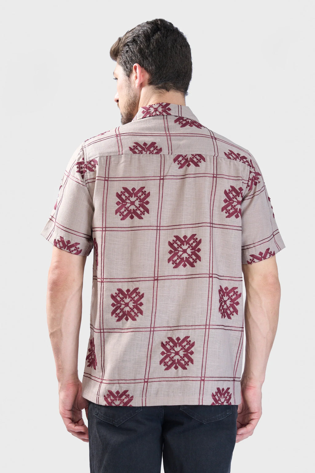 Xkind Light Maroon Embroidered Releaxed Fit Shirt | Grocsy