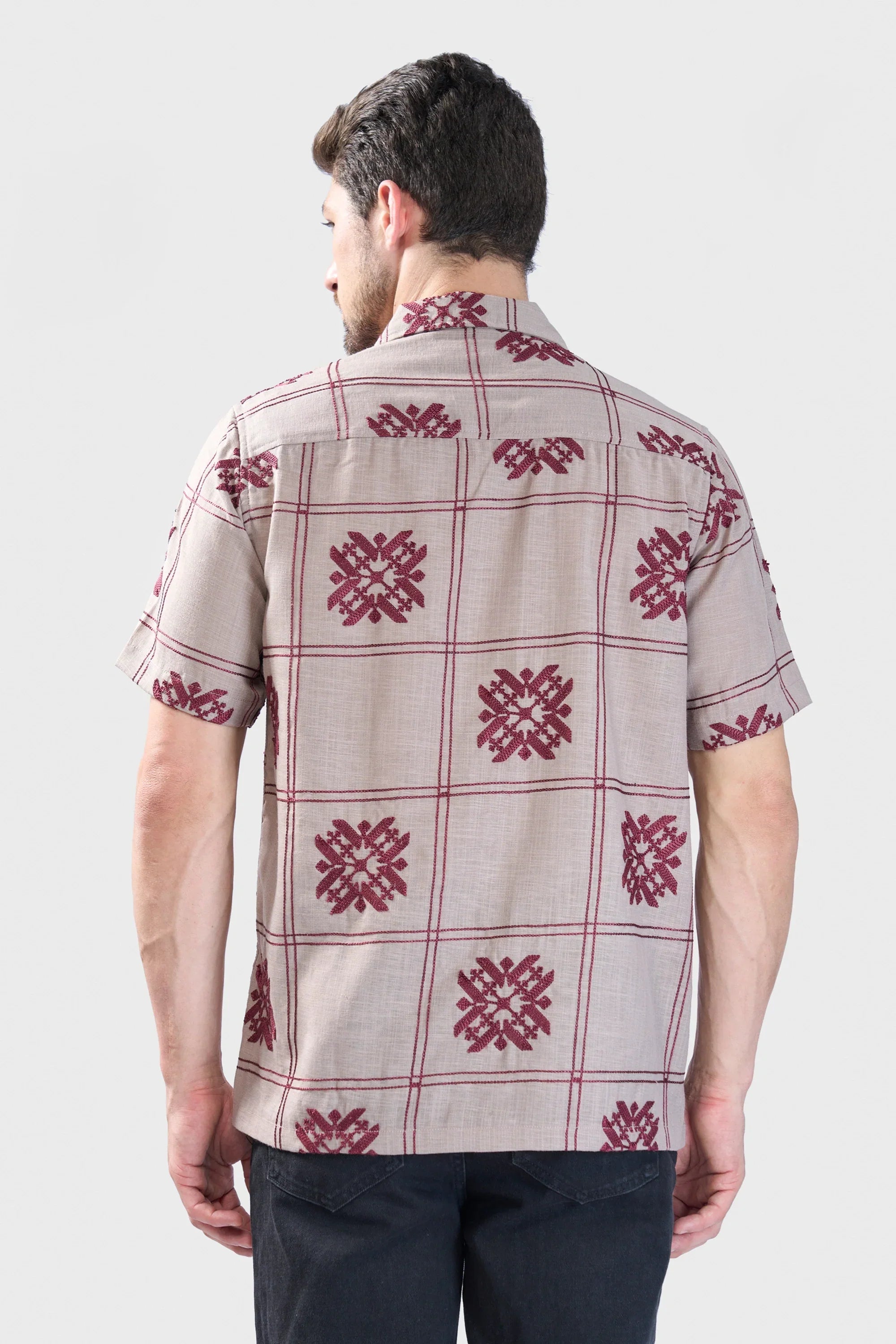 Xkind Light Maroon Embroidered Releaxed Fit Shirt | Grocsy