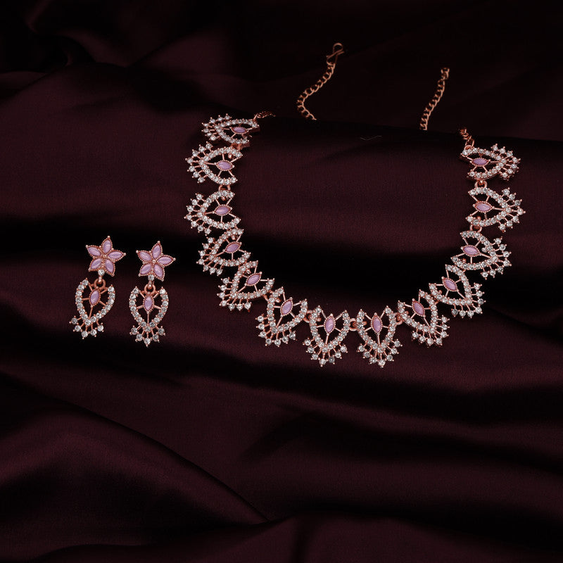 Tehzeeb Creations Lavender Colour Sparkle Stone Studded Necklace With Earrings | Grocsy