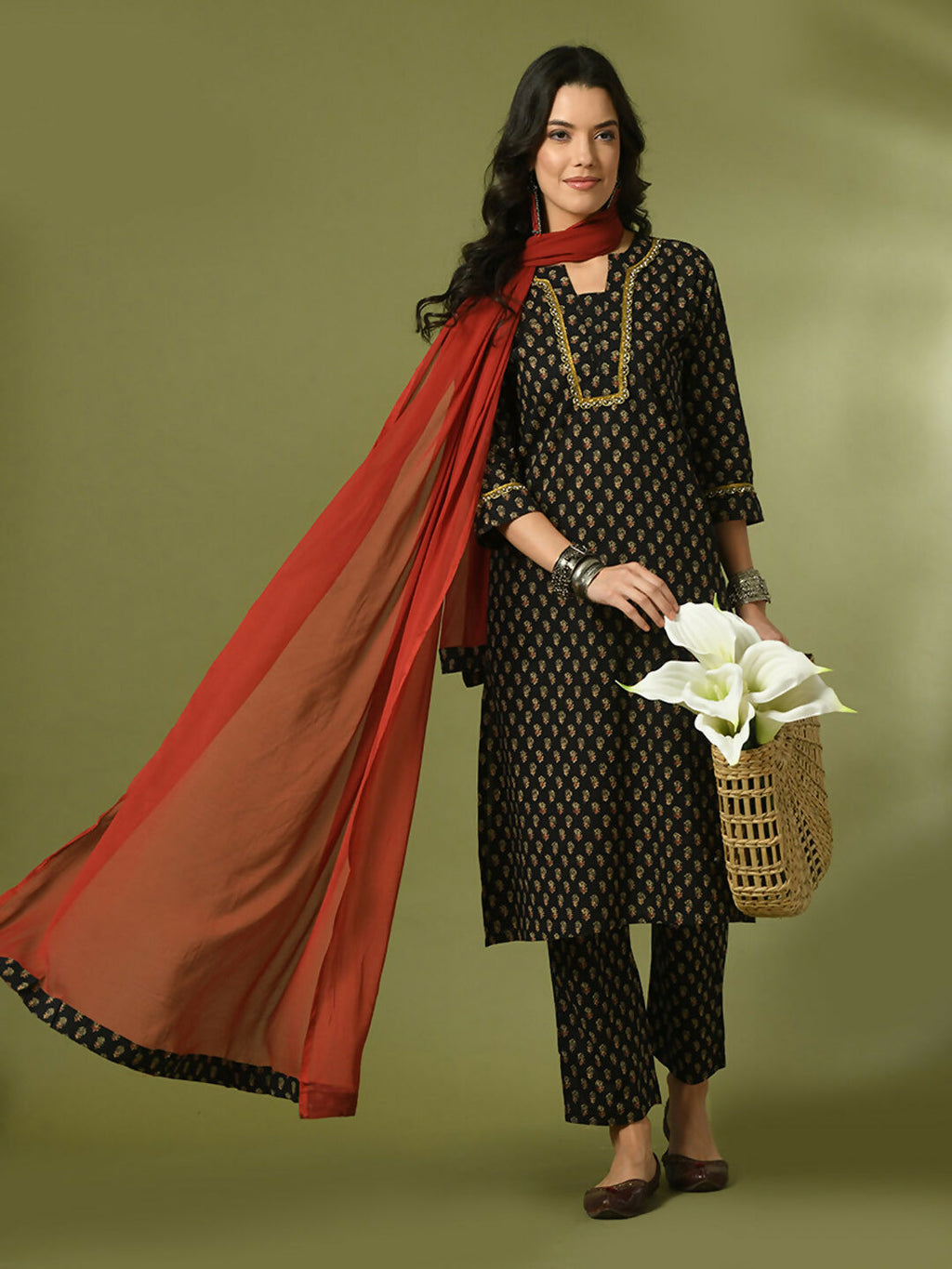 Myshka Women's Black Printed Cotton Straight Party Kurta Set With Dupatta | Grocsy