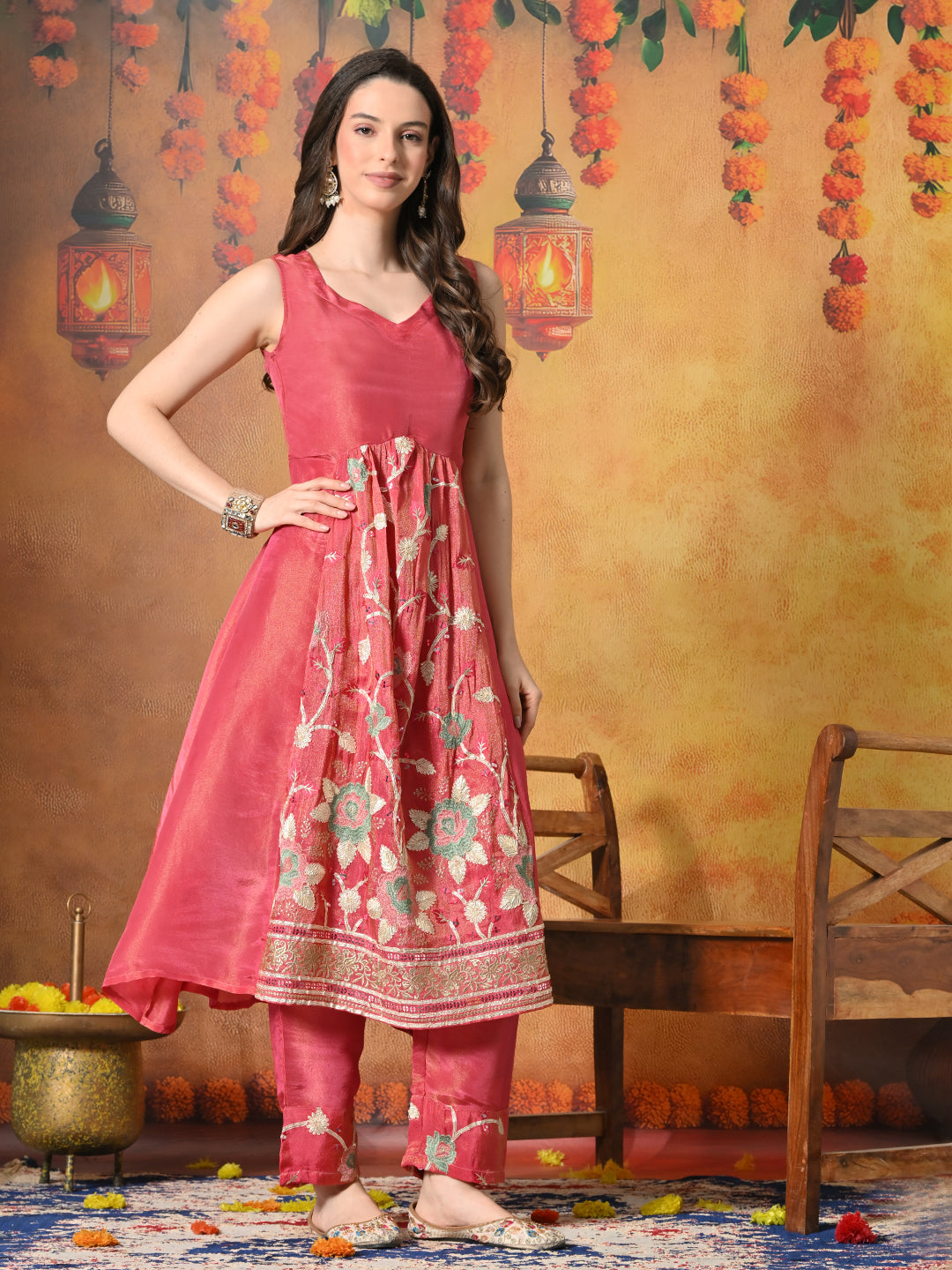 Myshka Women Pink Embroidered Sleeveless Kurta Set with Dupatta Festive Wear | Grocsy