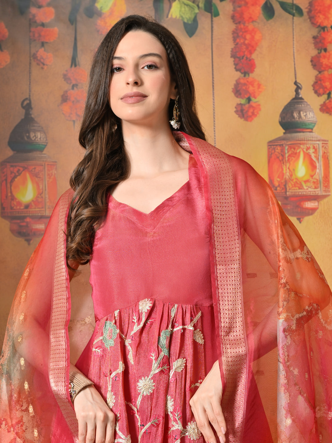 Myshka Women Pink Embroidered Sleeveless Kurta Set with Dupatta Festive Wear | Grocsy