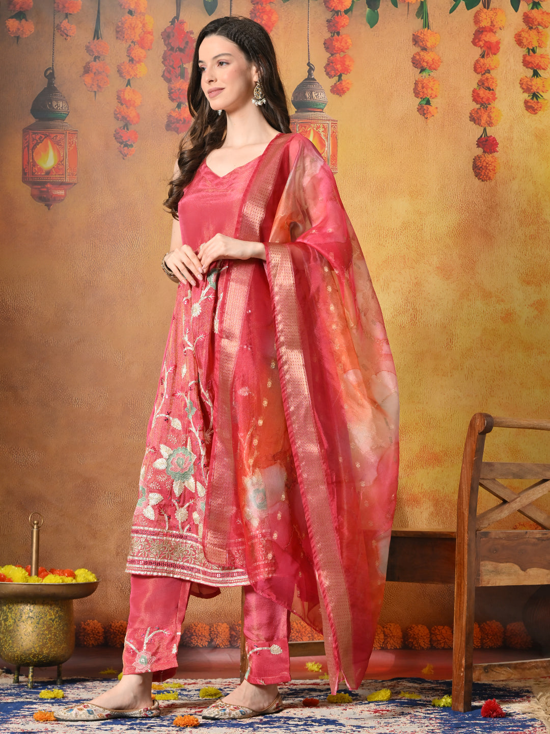 Myshka Women Pink Embroidered Sleeveless Kurta Set with Dupatta Festive Wear | Grocsy
