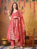 Myshka Women Pink Embroidered Sleeveless Kurta Set with Dupatta Festive Wear | Grocsy