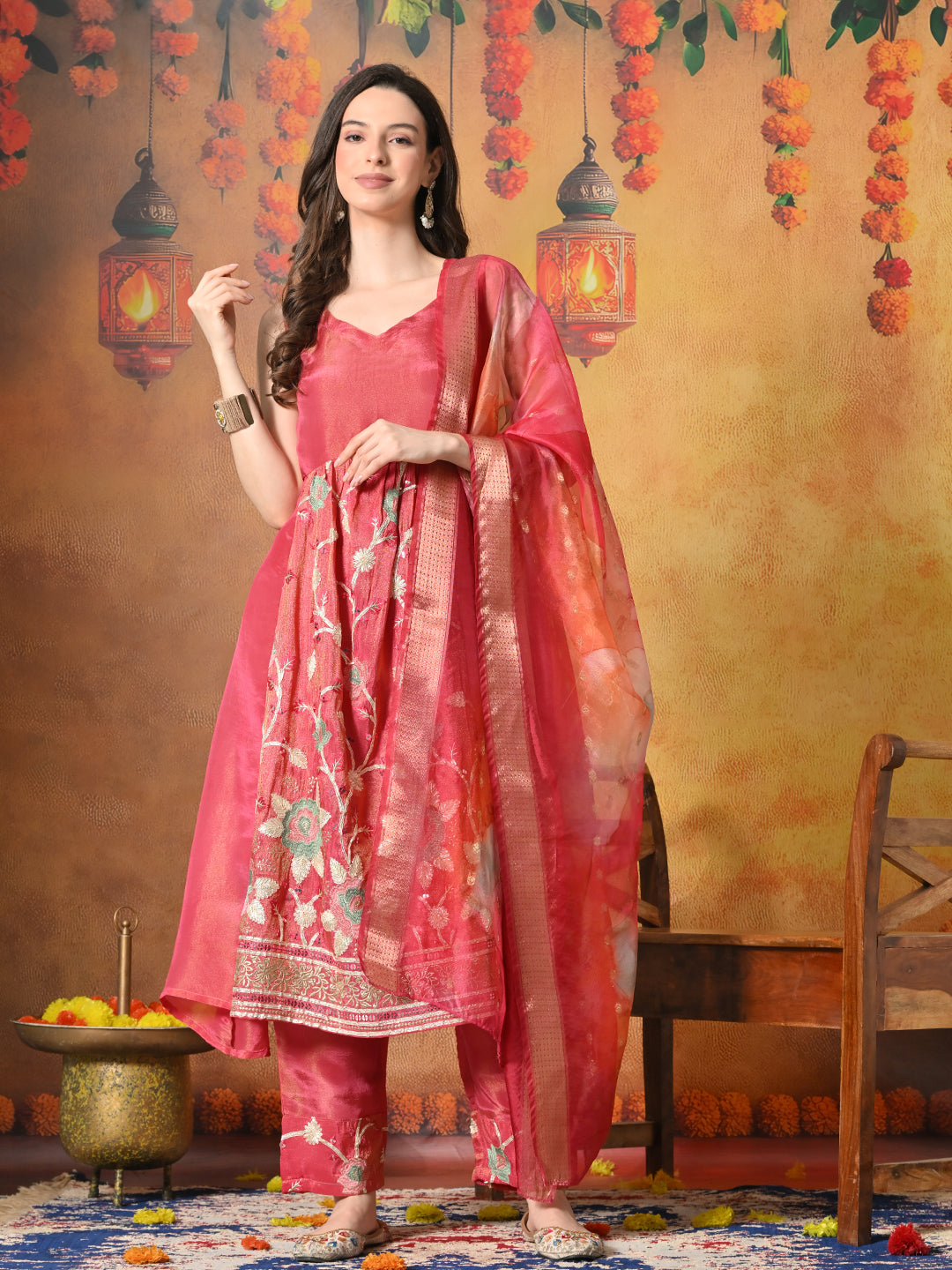 Myshka Women Pink Embroidered Sleeveless Kurta Set with Dupatta Festive Wear | Grocsy