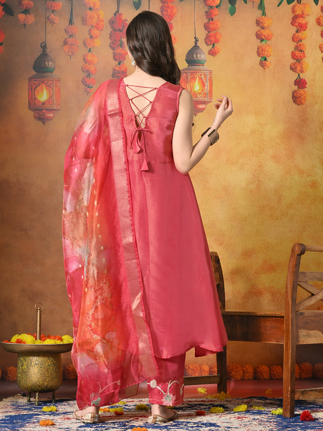 Myshka Women Pink Embroidered Sleeveless Kurta Set with Dupatta Festive Wear | Grocsy