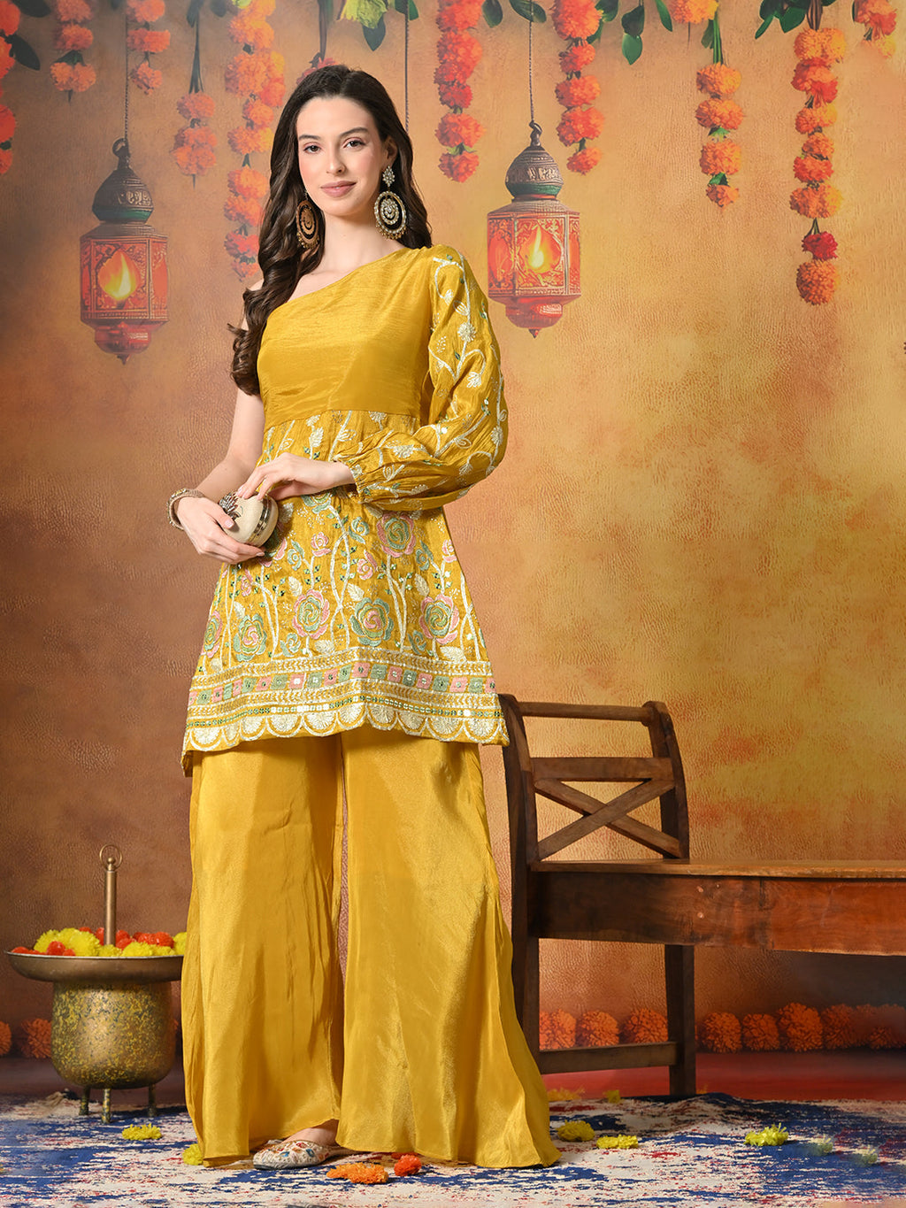 Myshka Women Yellow Embroidered Off Shoulder Kurta Set Festive Wear | Grocsy