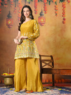 Myshka Women Yellow Embroidered Off Shoulder Kurta Set Festive Wear | Grocsy