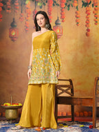 Myshka Women Yellow Embroidered Off Shoulder Kurta Set Festive Wear | Grocsy