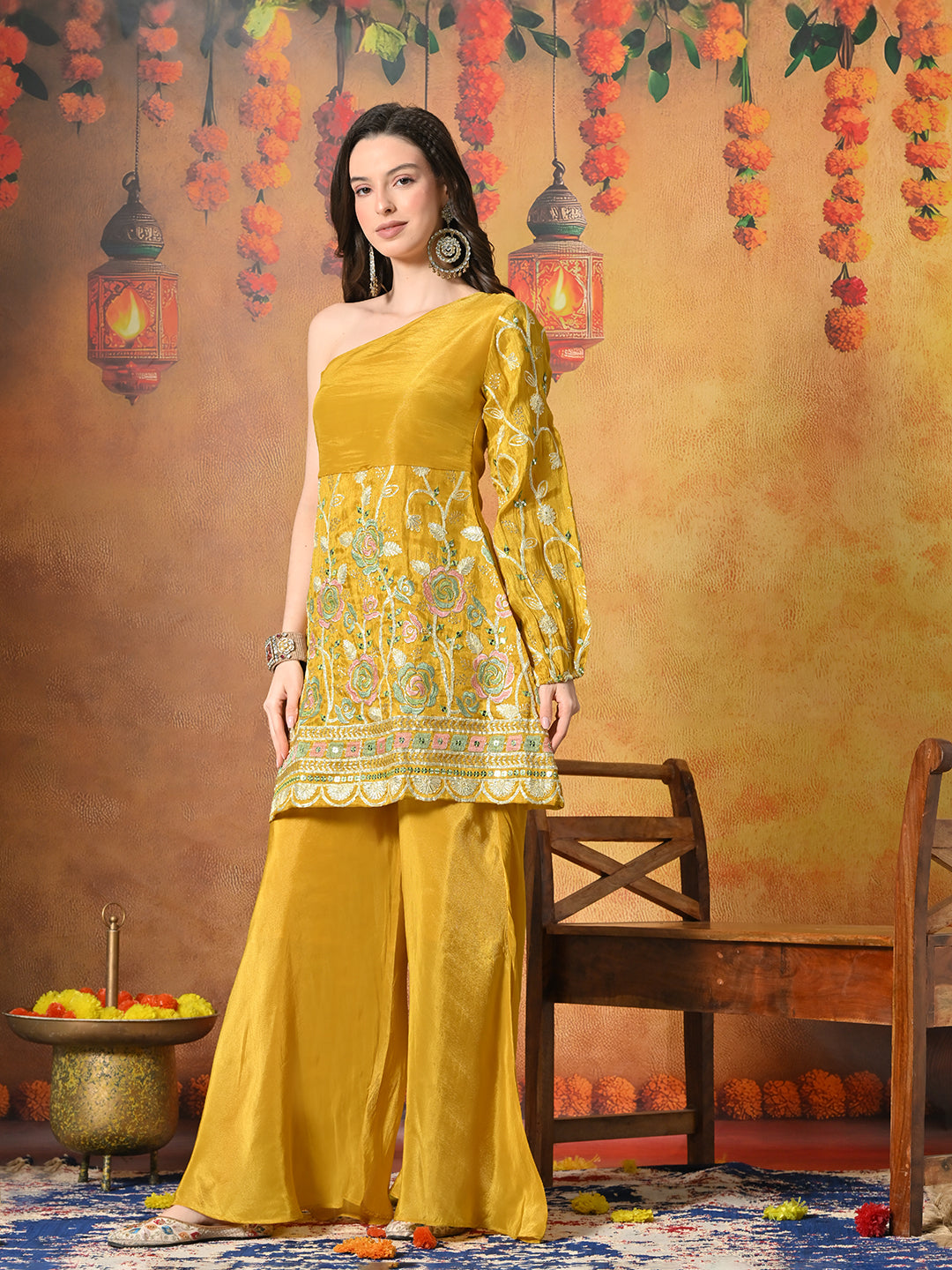 Myshka Women Yellow Embroidered Off Shoulder Kurta Set Festive Wear | Grocsy