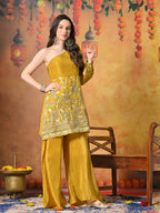 Myshka Women Yellow Embroidered Off Shoulder Kurta Set Festive Wear | Grocsy