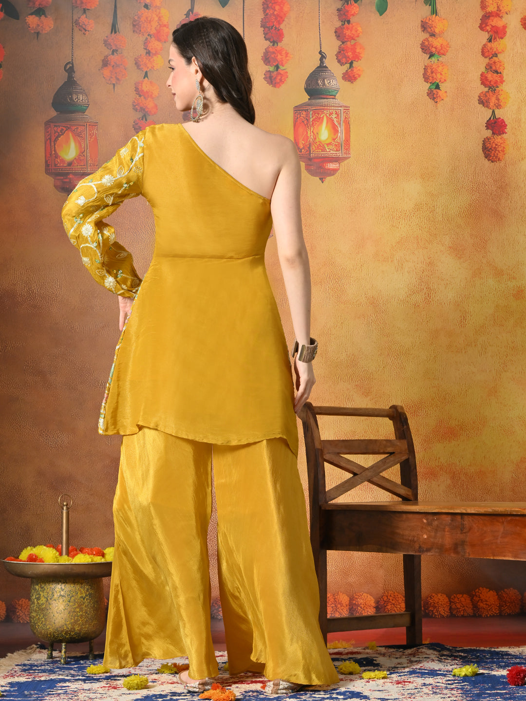 Myshka Women Yellow Embroidered Off Shoulder Kurta Set Festive Wear | Grocsy