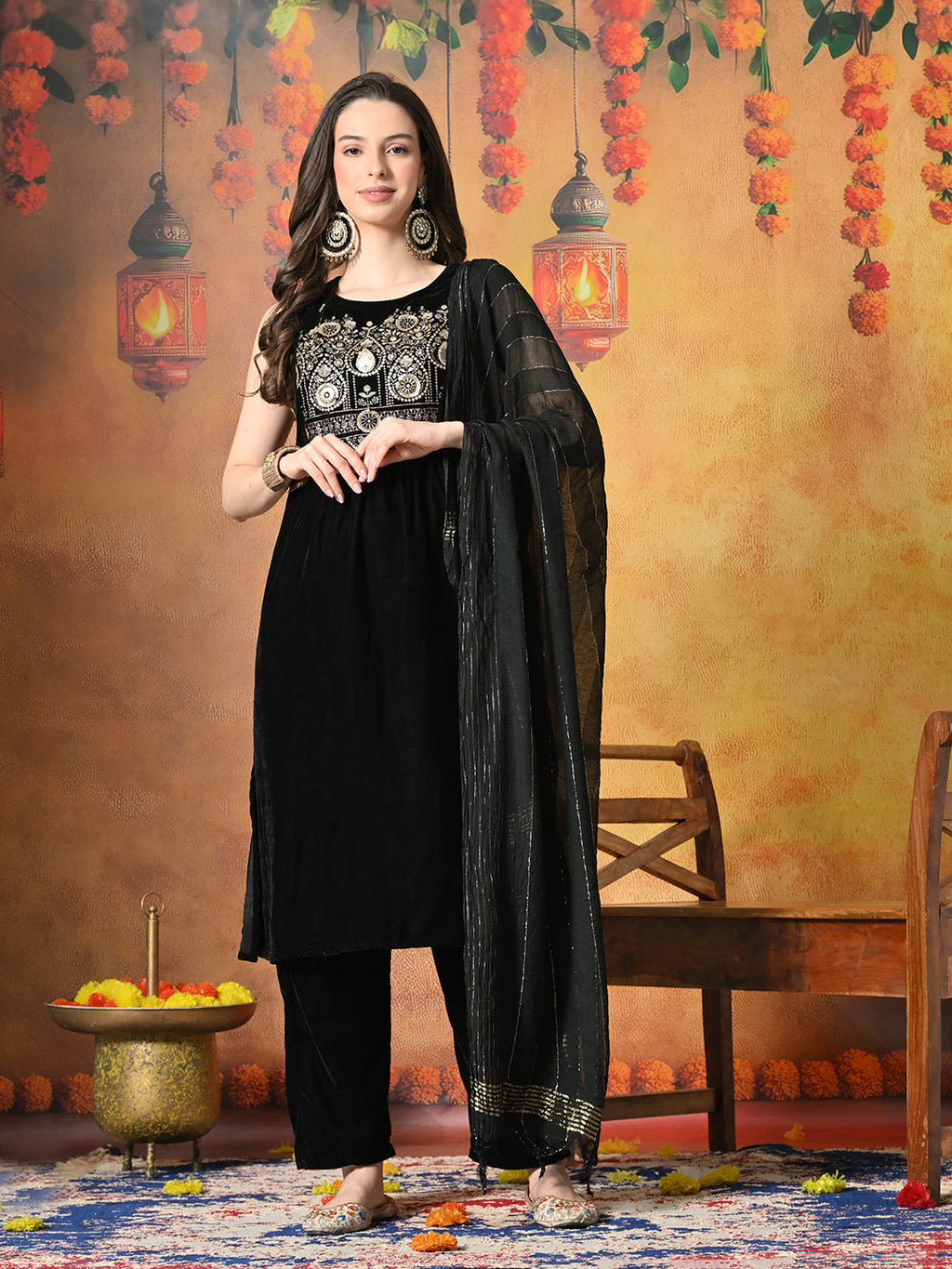 Myshka Women Black Velvet Embroidered Yoke Sleeveless Kurta Set with Dupatta | Grocsy