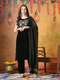 Myshka Women Black Velvet Embroidered Yoke Sleeveless Kurta Set with Dupatta | Grocsy