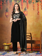 Myshka Women Black Velvet Embroidered Yoke Sleeveless Kurta Set with Dupatta | Grocsy