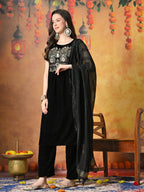 Myshka Women Black Velvet Embroidered Yoke Sleeveless Kurta Set with Dupatta | Grocsy