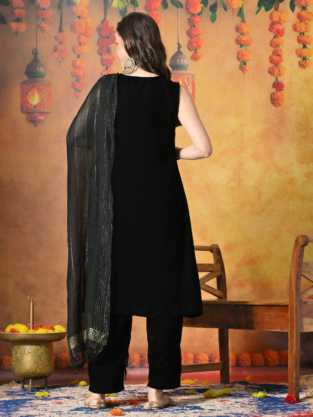 Myshka Women Black Velvet Embroidered Yoke Sleeveless Kurta Set with Dupatta | Grocsy