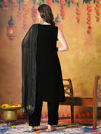 Myshka Women Black Velvet Embroidered Yoke Sleeveless Kurta Set with Dupatta | Grocsy