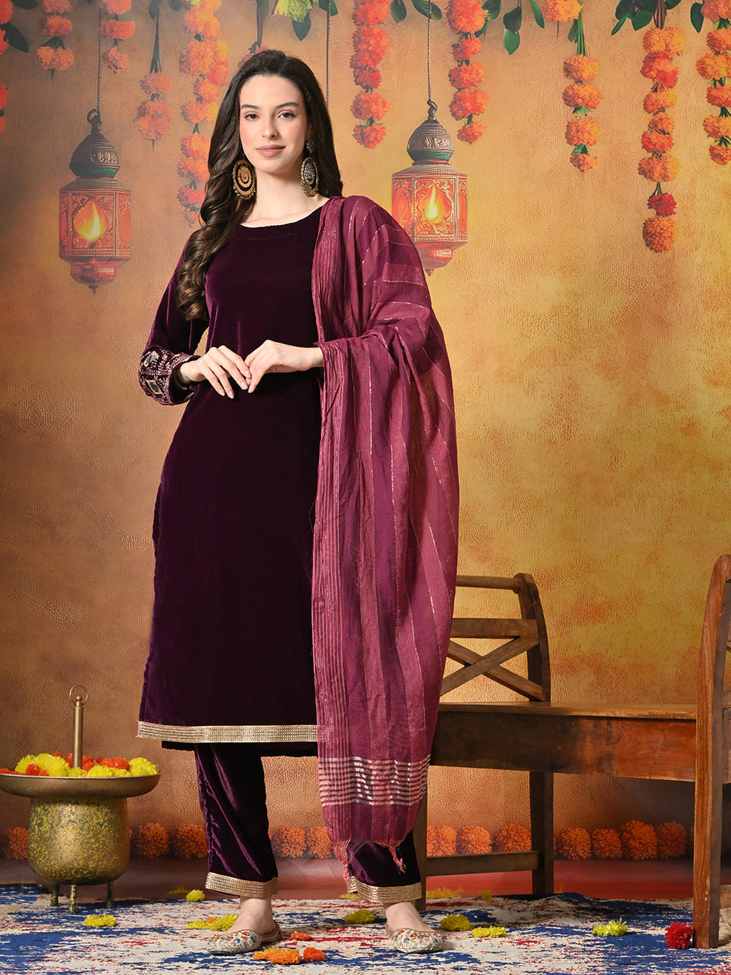 Myshka Women Wine Velvet Embroidered Regular Sleeves Kurta Set with Dupatta | Grocsy
