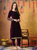Myshka Women Wine Velvet Embroidered Regular Sleeves Kurta Set with Dupatta | Grocsy