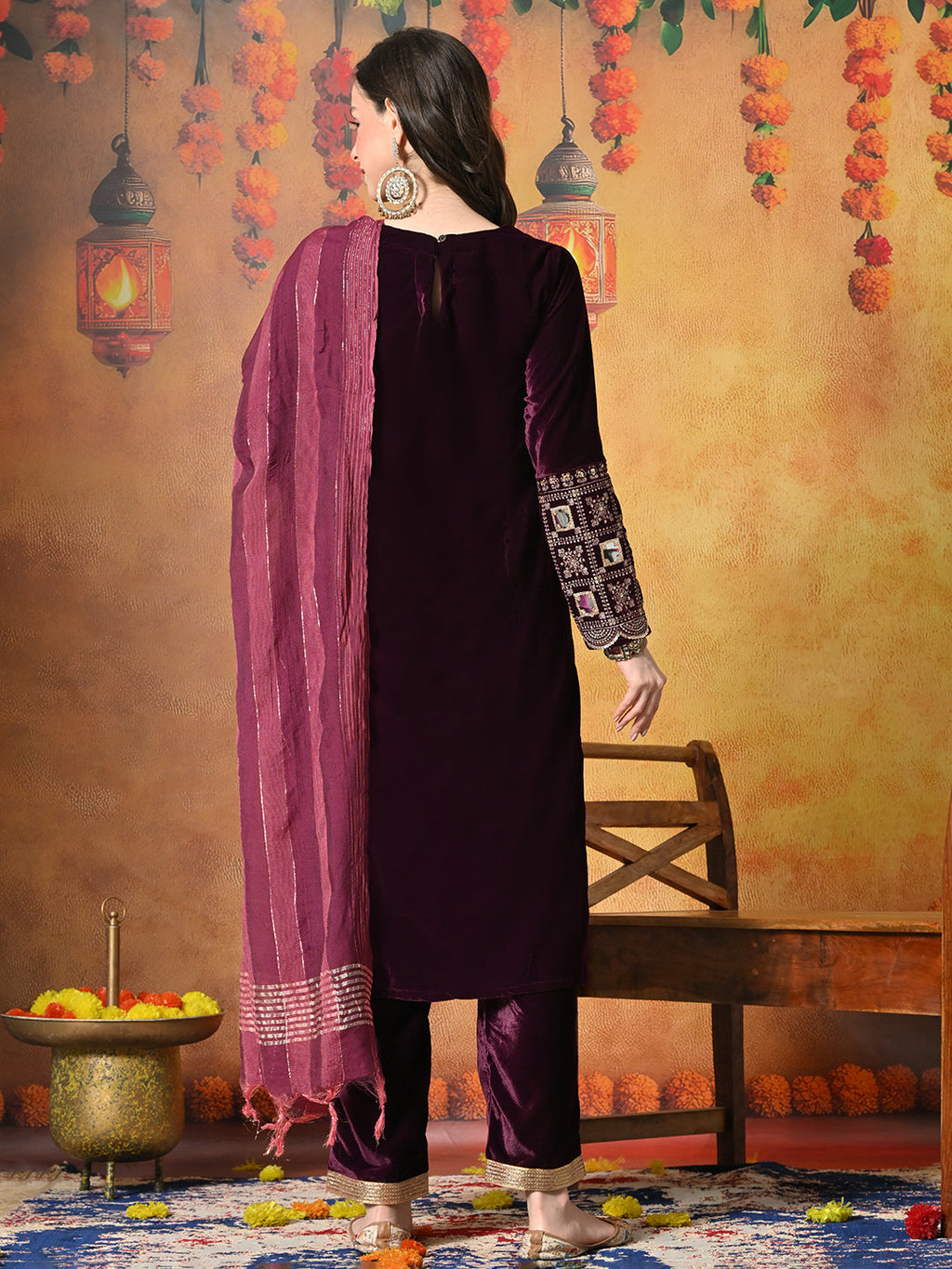 Myshka Women Wine Velvet Embroidered Regular Sleeves Kurta Set with Dupatta | Grocsy