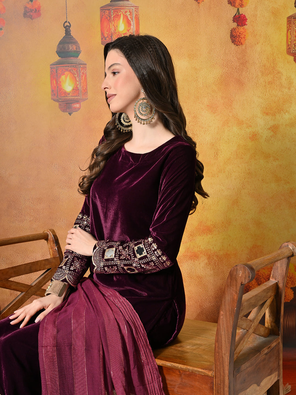 Myshka Women Wine Velvet Embroidered Regular Sleeves Kurta Set with Dupatta | Grocsy