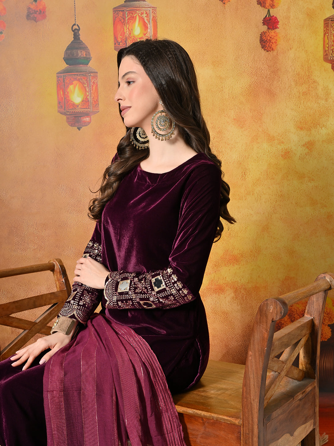 Myshka Women Wine Velvet Embroidered Regular Sleeves Kurta Set with Dupatta | Grocsy