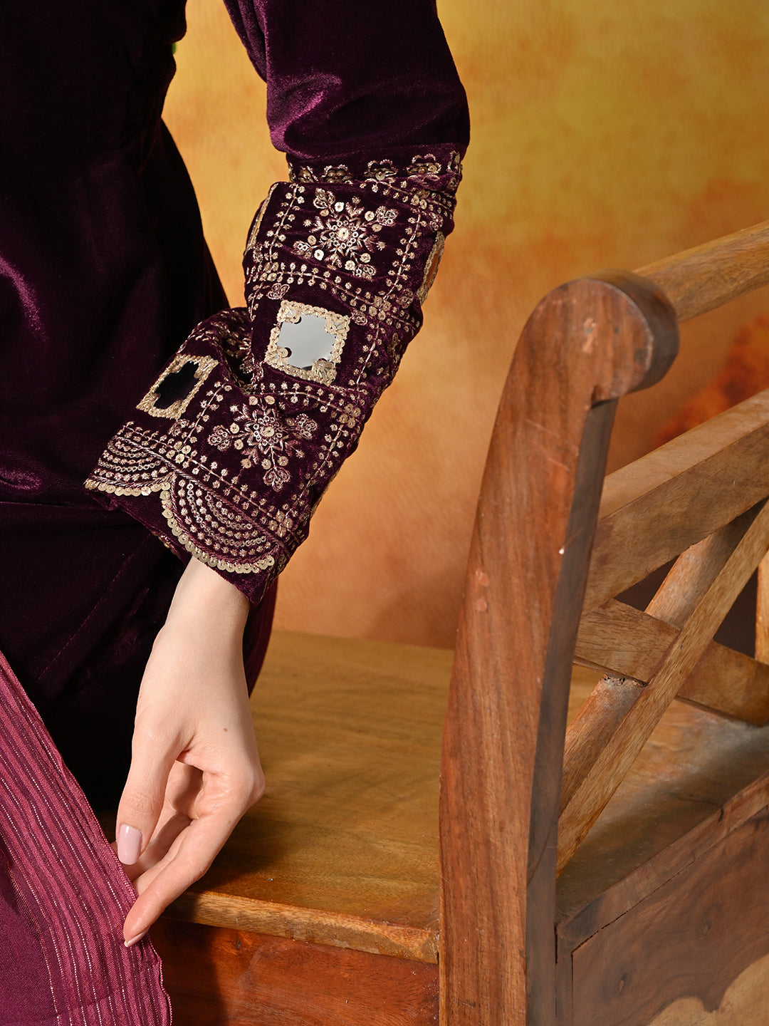Myshka Women Wine Velvet Embroidered Regular Sleeves Kurta Set with Dupatta | Grocsy