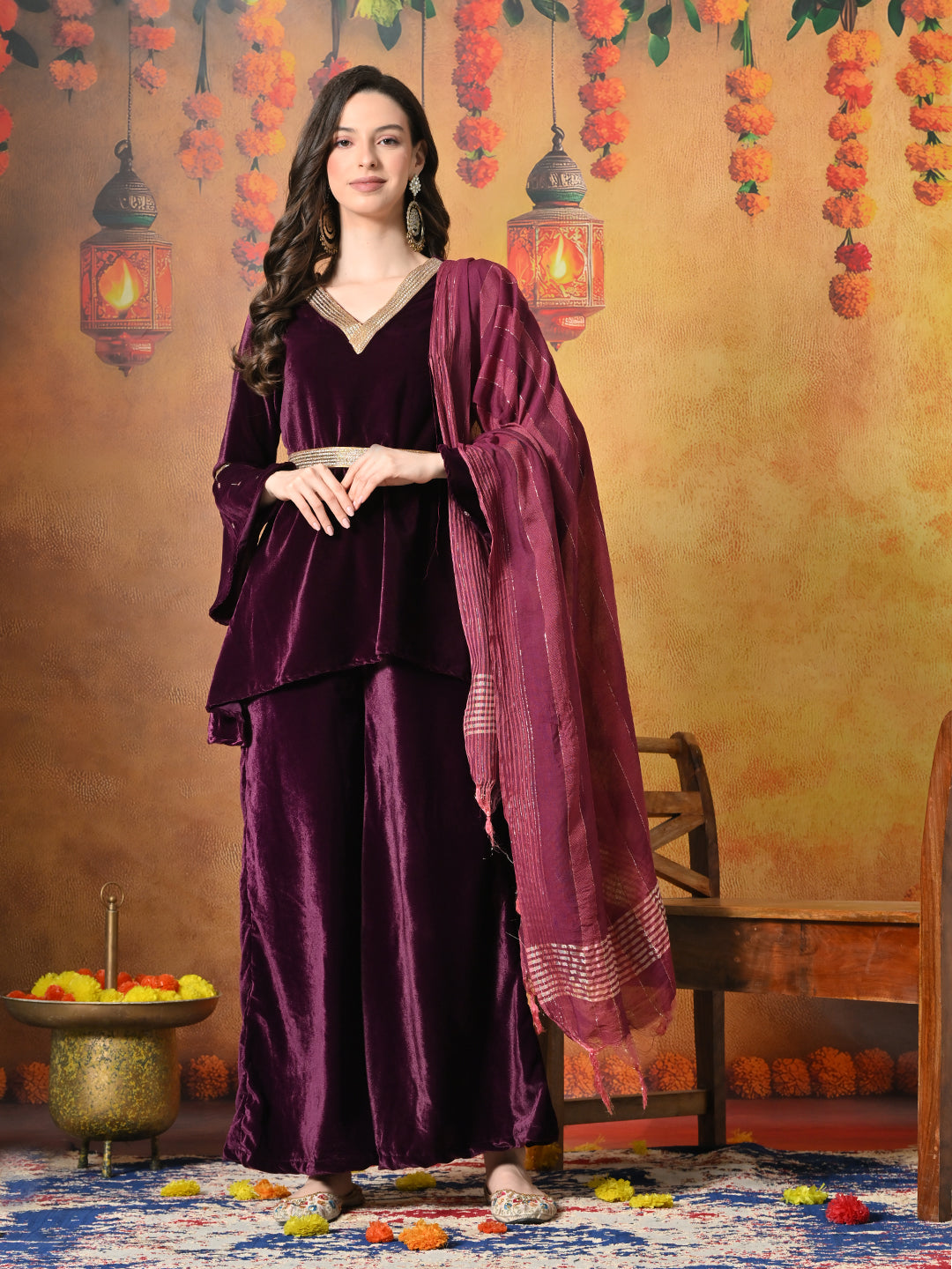 Myshka Women Wine Velvet Flared Sleeves Kurta Set with Dupatta | Grocsy