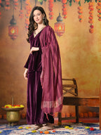 Myshka Women Wine Velvet Flared Sleeves Kurta Set with Dupatta | Grocsy