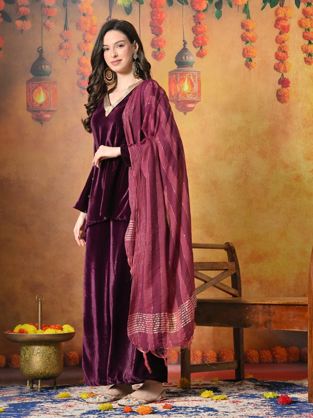 Myshka Women Wine Velvet Flared Sleeves Kurta Set with Dupatta | Grocsy