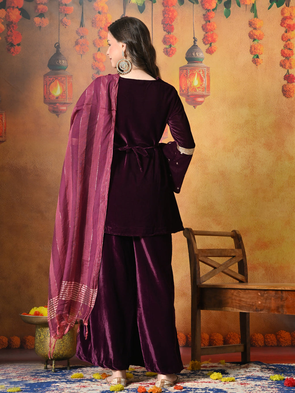 Myshka Women Wine Velvet Flared Sleeves Kurta Set with Dupatta | Grocsy