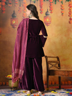 Myshka Women Wine Velvet Flared Sleeves Kurta Set with Dupatta | Grocsy