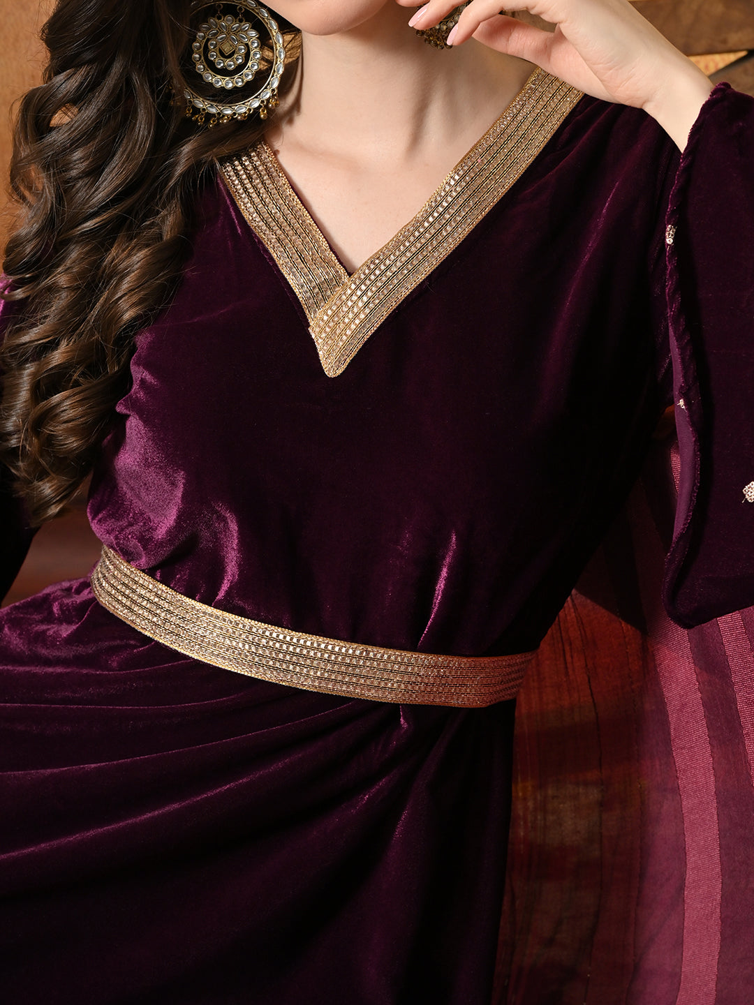 Myshka Women Wine Velvet Flared Sleeves Kurta Set with Dupatta | Grocsy
