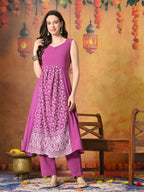 Myshka Women Wine Pure Cotton Embroidered Sleeveless Kurta Set Festive Wear | Grocsy