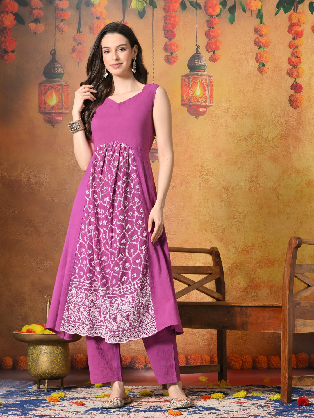 Myshka Women Wine Pure Cotton Embroidered Sleeveless Kurta Set Festive Wear | Grocsy