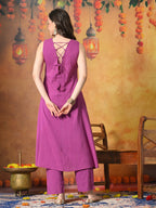 Myshka Women Wine Pure Cotton Embroidered Sleeveless Kurta Set Festive Wear | Grocsy