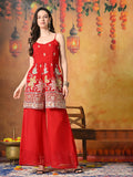 Myshka Women Red Tissue Embroidered Front Slit Strap Kurta Set Festive Wear | Grocsy