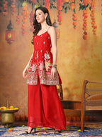 Myshka Women Red Tissue Embroidered Front Slit Strap Kurta Set Festive Wear | Grocsy