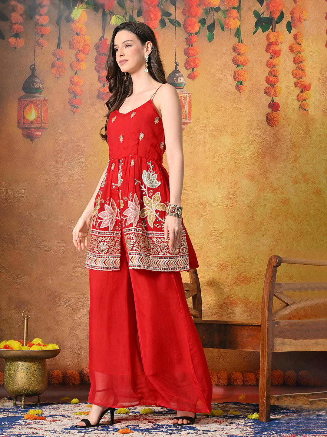 Myshka Women Red Tissue Embroidered Front Slit Strap Kurta Set Festive Wear | Grocsy