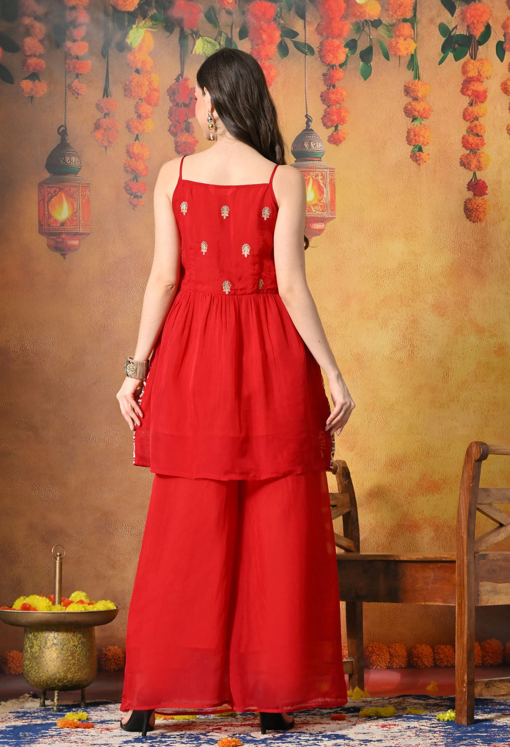 Myshka Women Red Tissue Embroidered Front Slit Strap Kurta Set Festive Wear | Grocsy