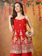 Myshka Women Red Tissue Embroidered Front Slit Strap Kurta Set Festive Wear | Grocsy