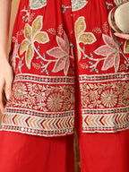 Myshka Women Red Tissue Embroidered Front Slit Strap Kurta Set Festive Wear | Grocsy