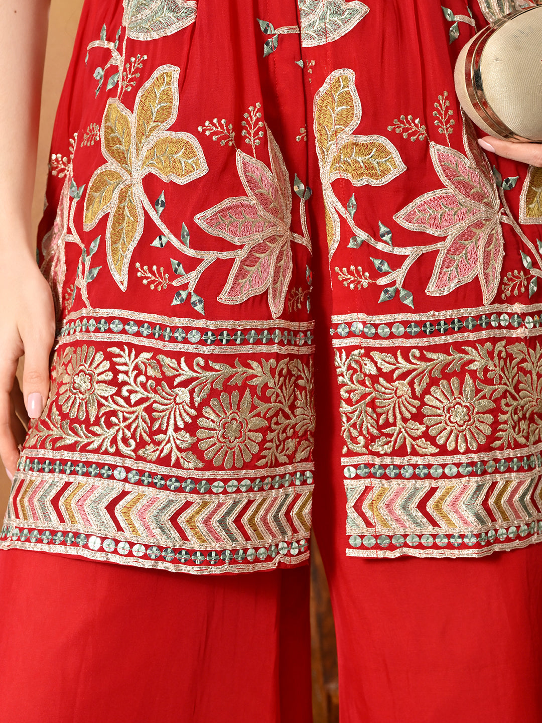 Myshka Women Red Tissue Embroidered Front Slit Strap Kurta Set Festive Wear | Grocsy