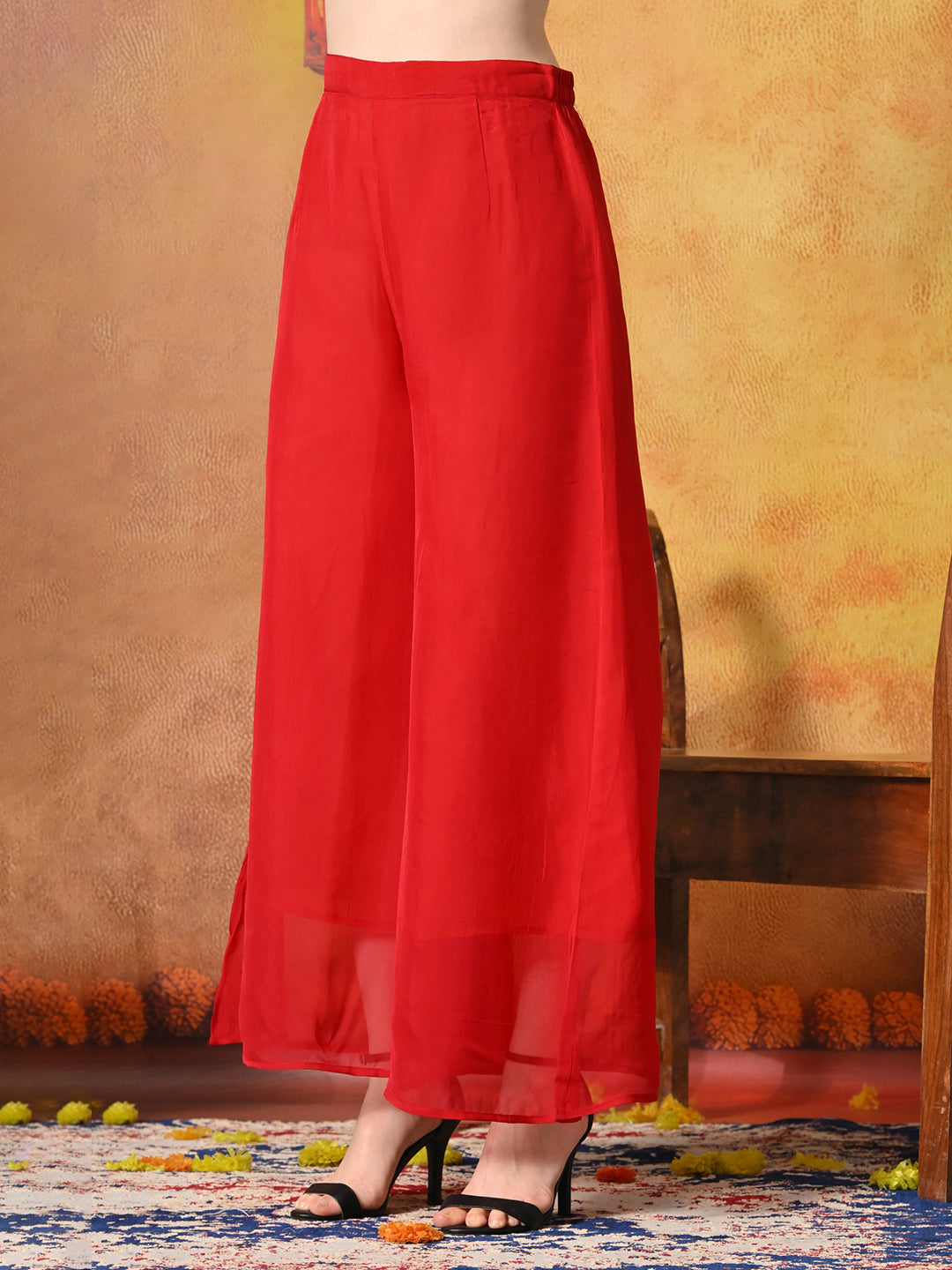 Myshka Women Red Tissue Embroidered Front Slit Strap Kurta Set Festive Wear | Grocsy